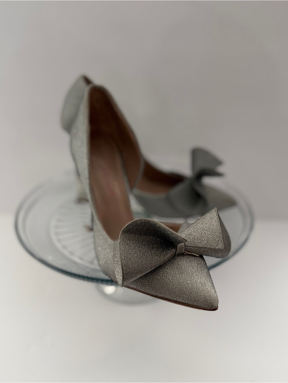 Betsey Johnson Silver Glitter Pointed-Toe D'Orsay Bow Pumps - Picture 2 of 12